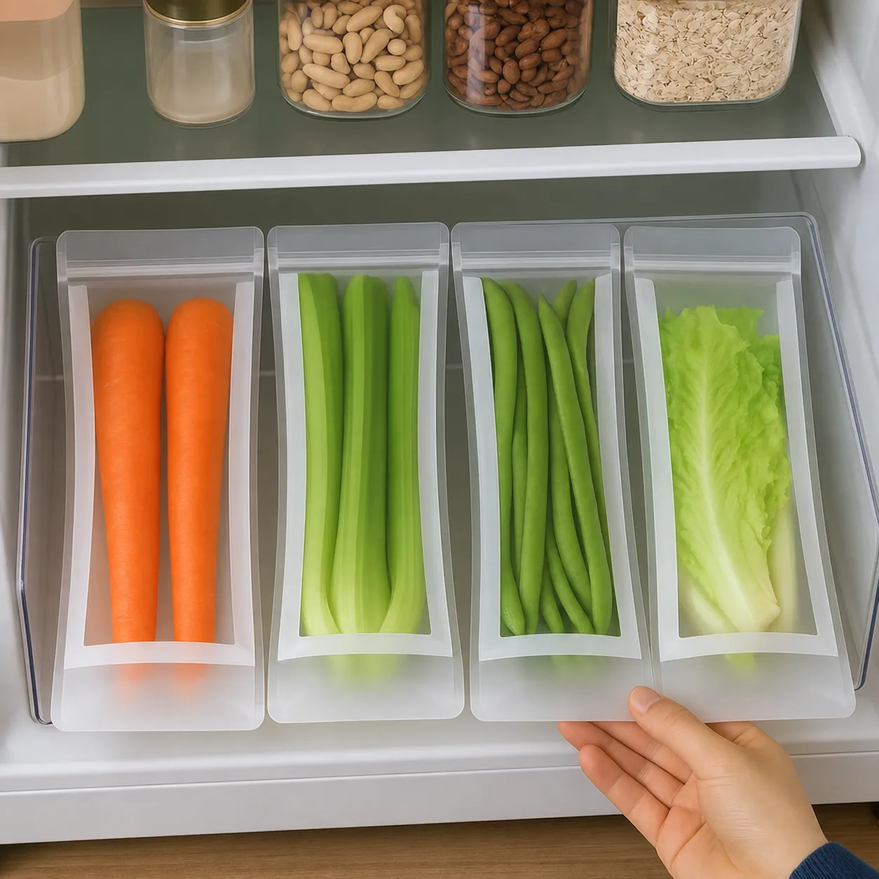 Carrots, celery, green beans, and lettuce organized in clear vegetable storage bags