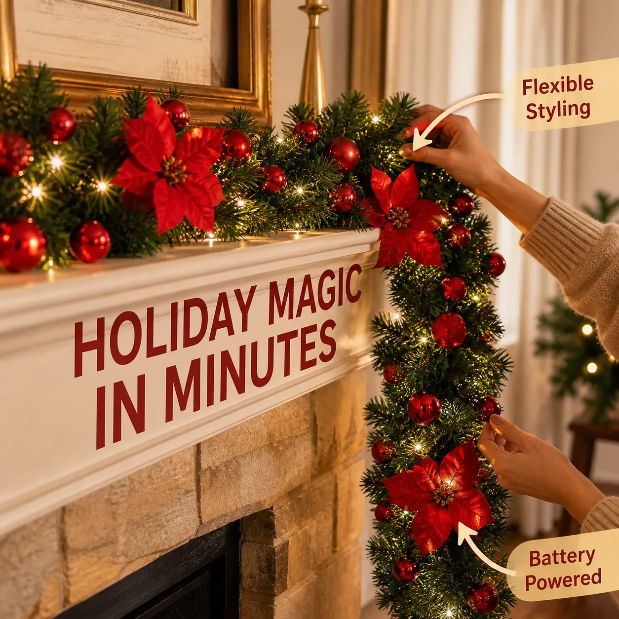 Hands styling a red poinsettia Christmas garland around a fireplace mantel