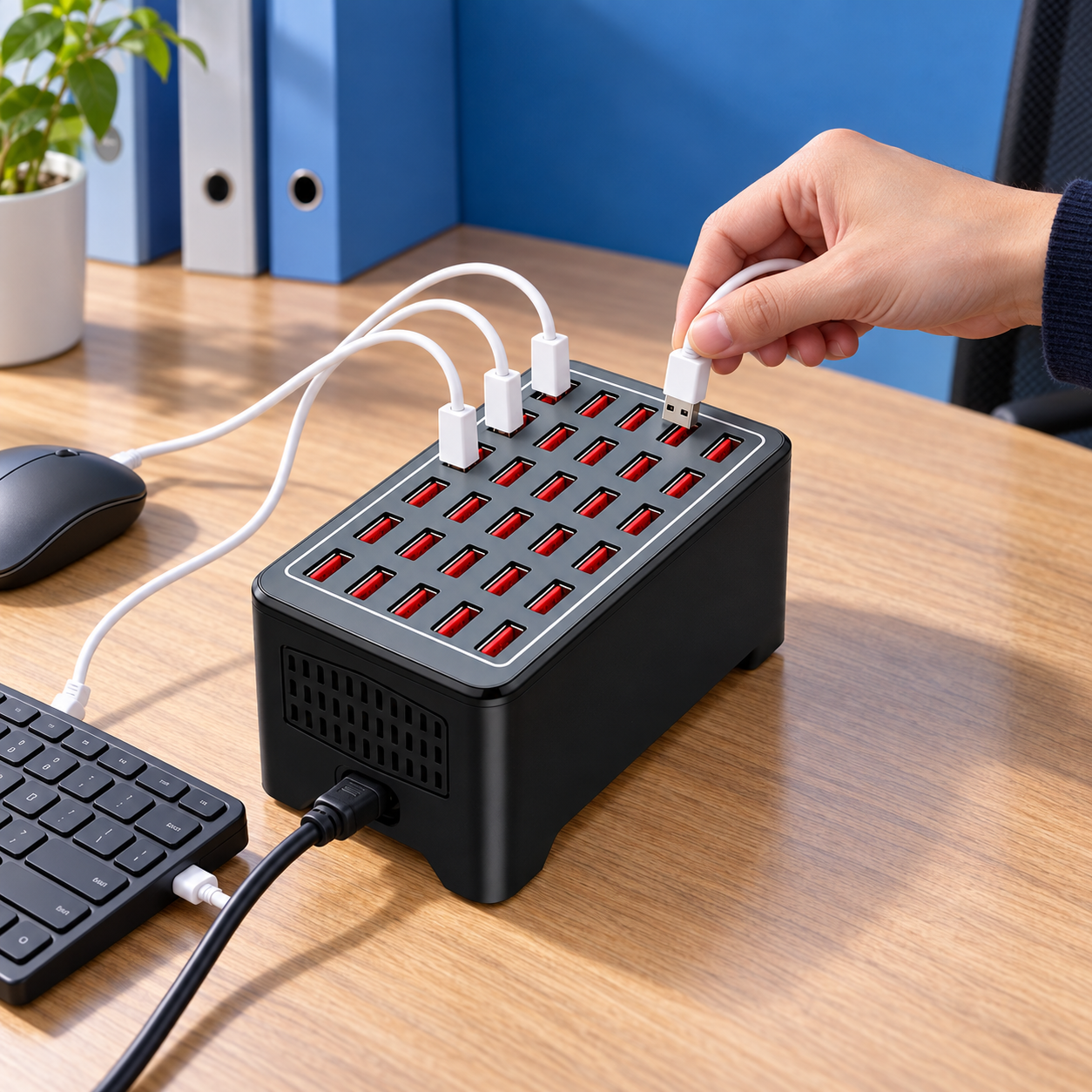 Charging office peripherals at a shared desk