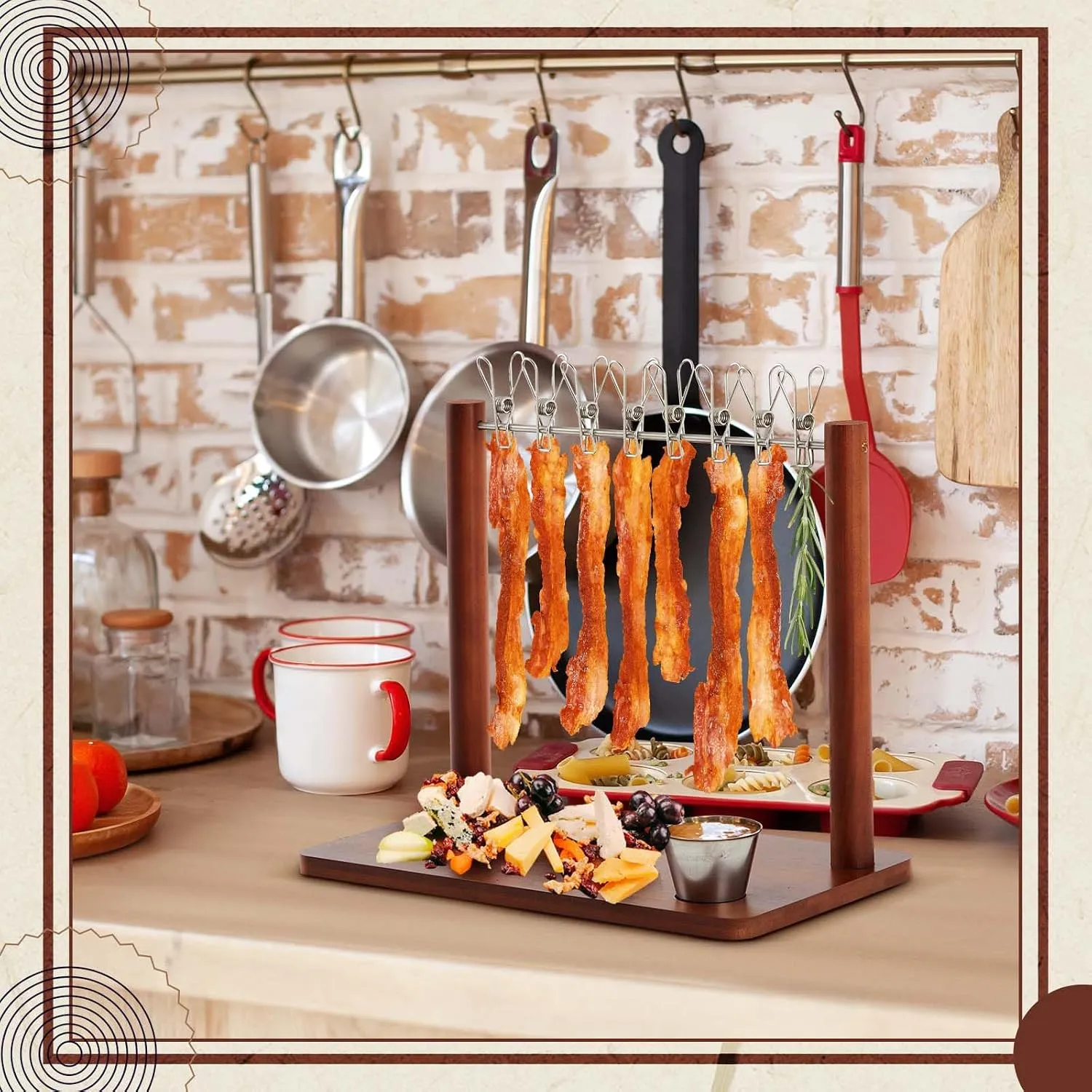 Hanging bacon serving board in a home kitchen