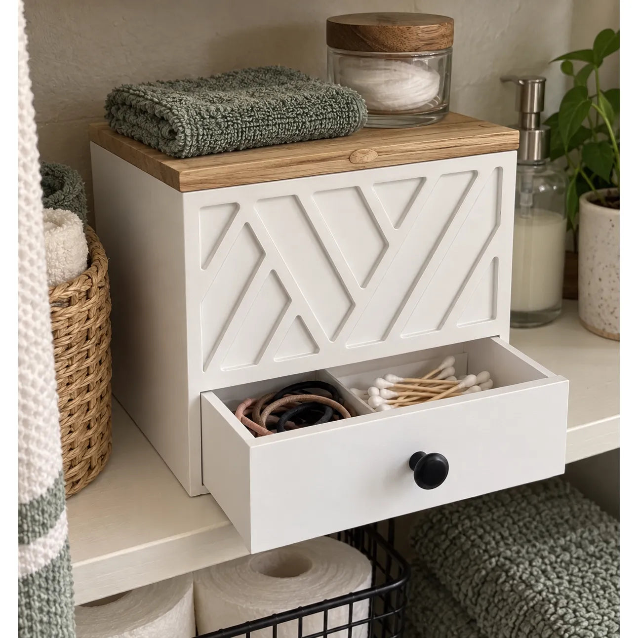 Organizer on a linen shelf with the lower drawer open