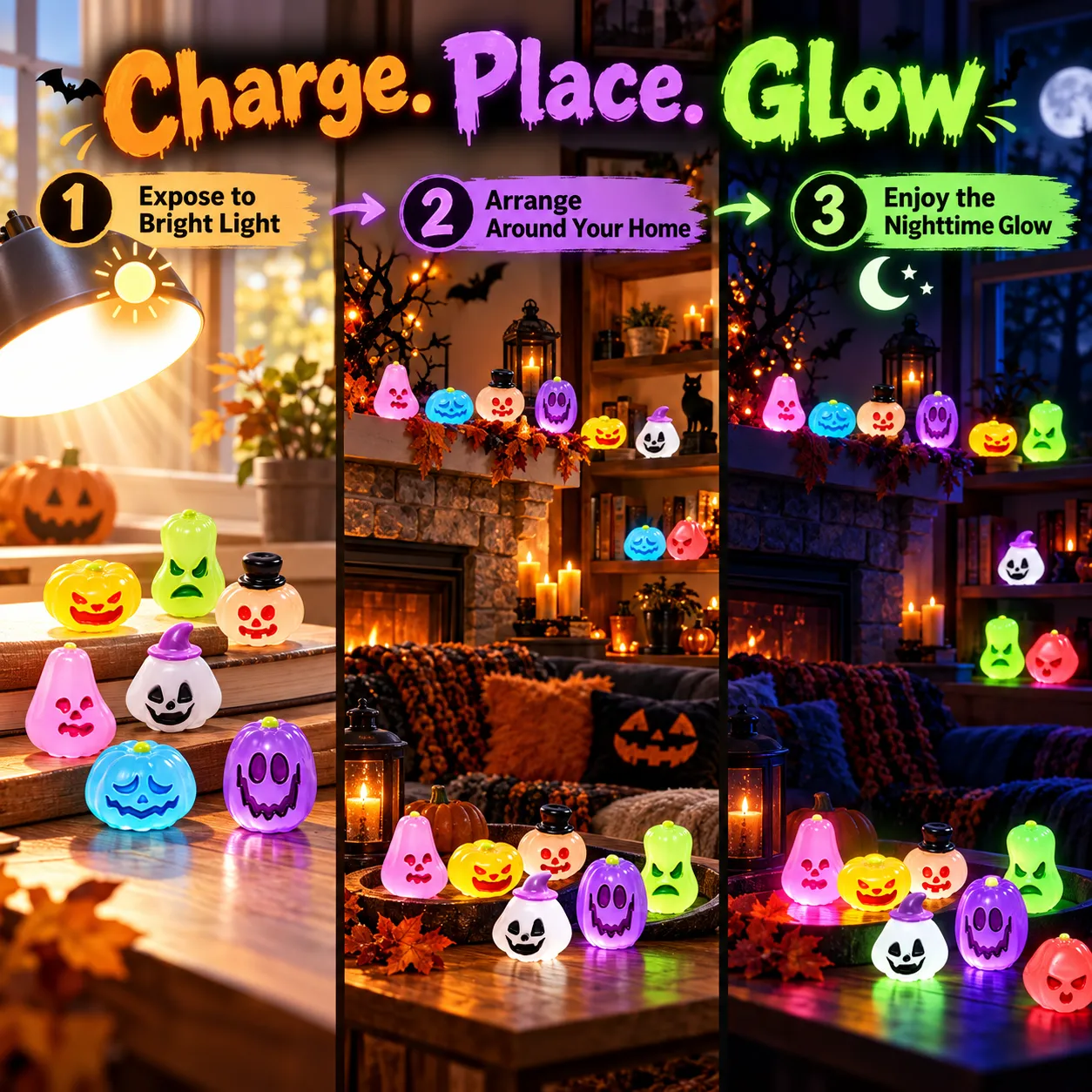 Three-step guide to charge, place, and enjoy mini glow figures around the home