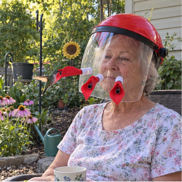 Woman wearing the feeder mask beside backyard flowers