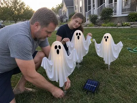 Family setting up three solar ghost lights on a front lawn
