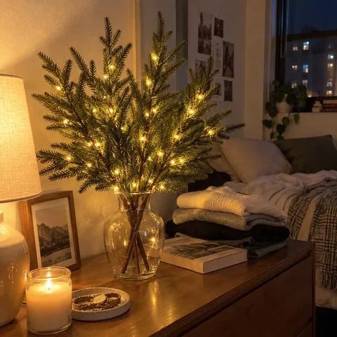 A lighted pine-stem arrangement glowing on a small bedroom dresser