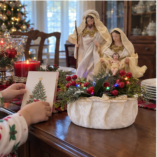 White Holy Family nativity beside a Christmas card on a dining-room buffet