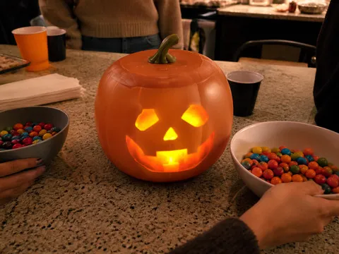 Animated pumpkin surrounded by candy bowls at a Halloween gathering