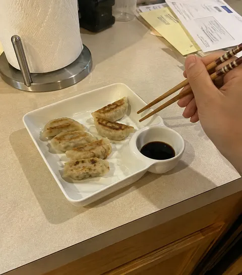Dumpling lunch on a white plate with attached sauce cup