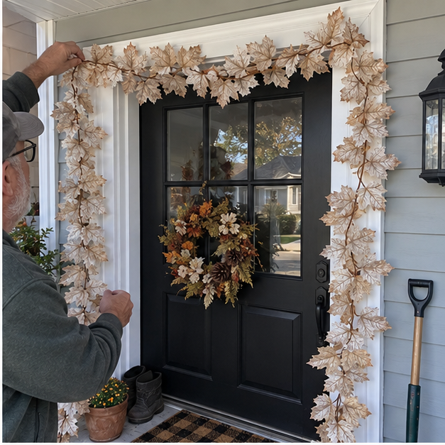 Older man arranging an ivory maple leaf garland around a doorway