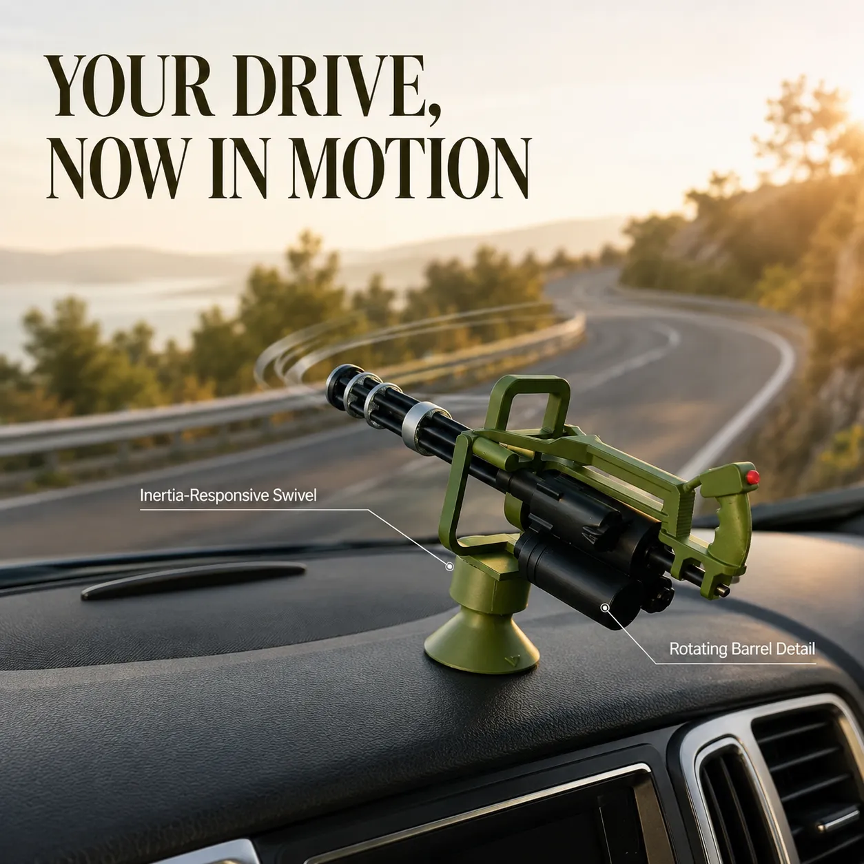 Army green rotating dashboard ornament in a car cabin