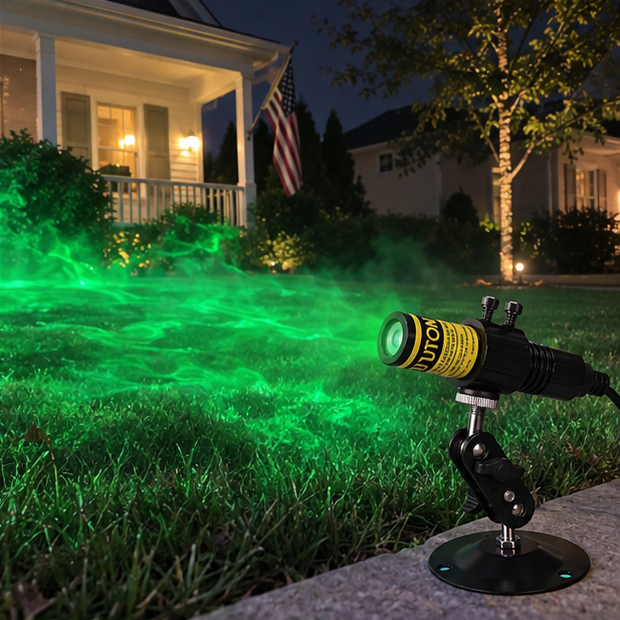 Green swamp-like fog effect across a suburban lawn