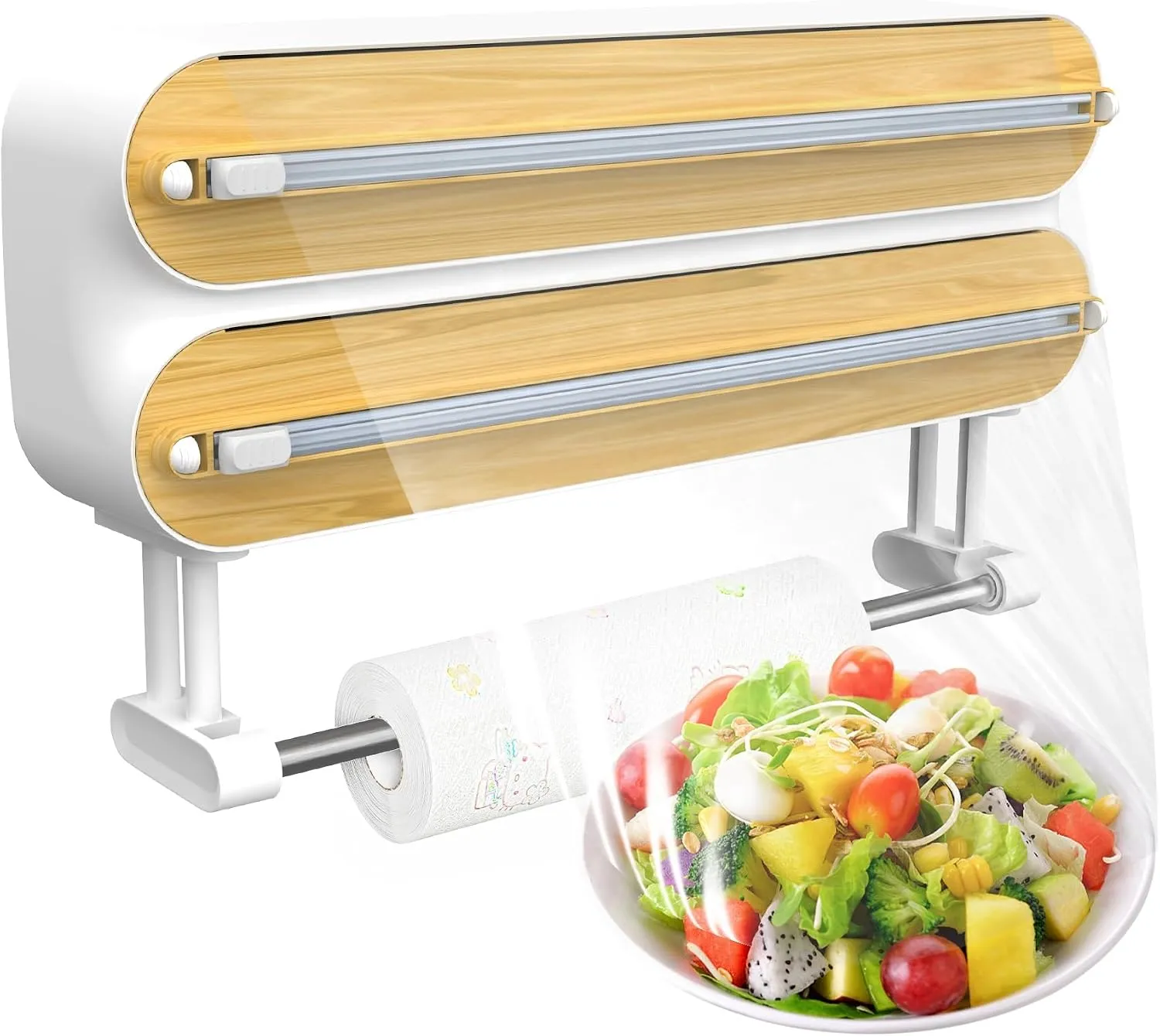 White and bamboo-look three-in-one kitchen wrap station with prepared food