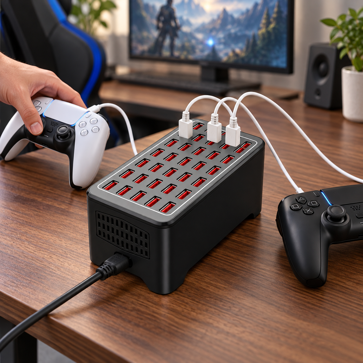 Game controllers at a gaming charging corner