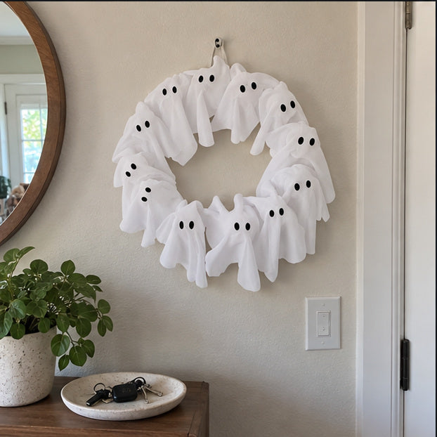 Unlit white ghost wreath on a bright entryway wall near a console table