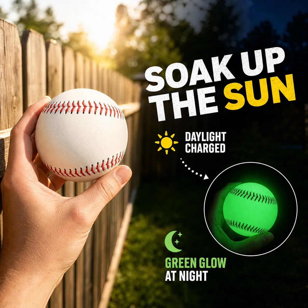 Baseball charging in daylight and glowing at night