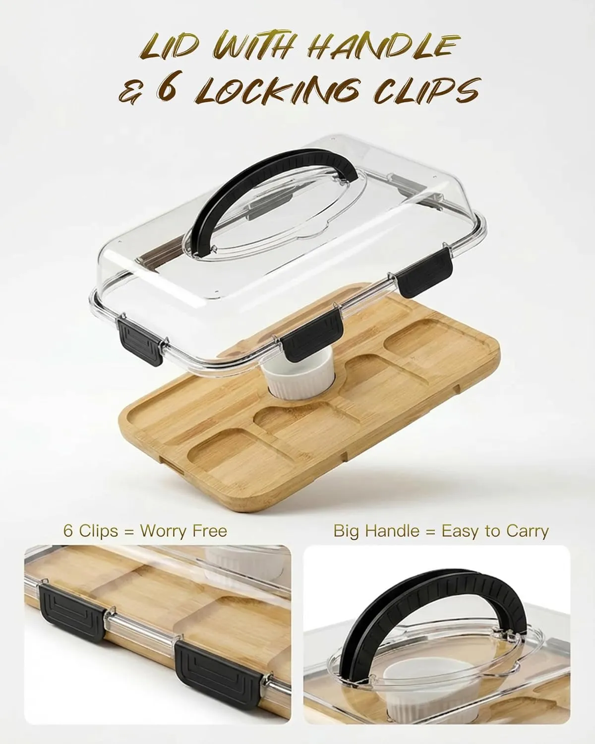 Clear handled lid with six locking clips above the bamboo board
