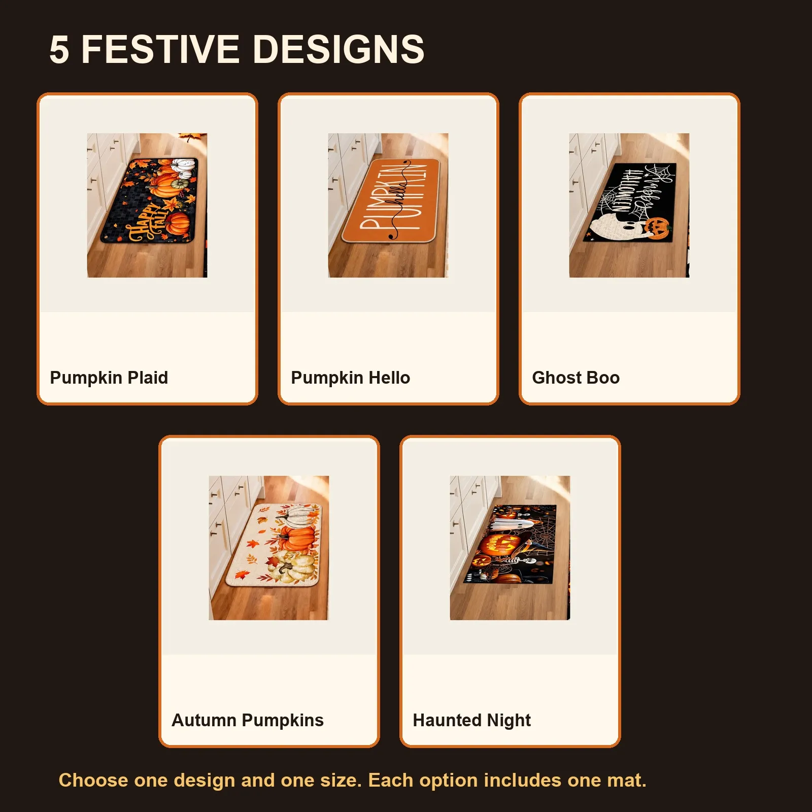 Five available Halloween and fall kitchen mat designs