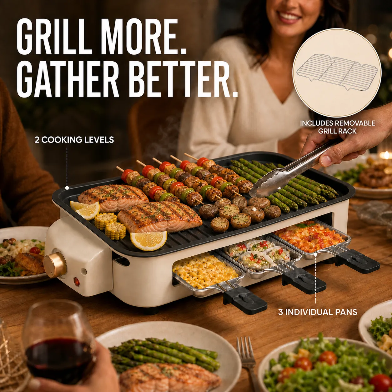 Double-decker electric griddle serving dinner with included removable grill rack shown separately