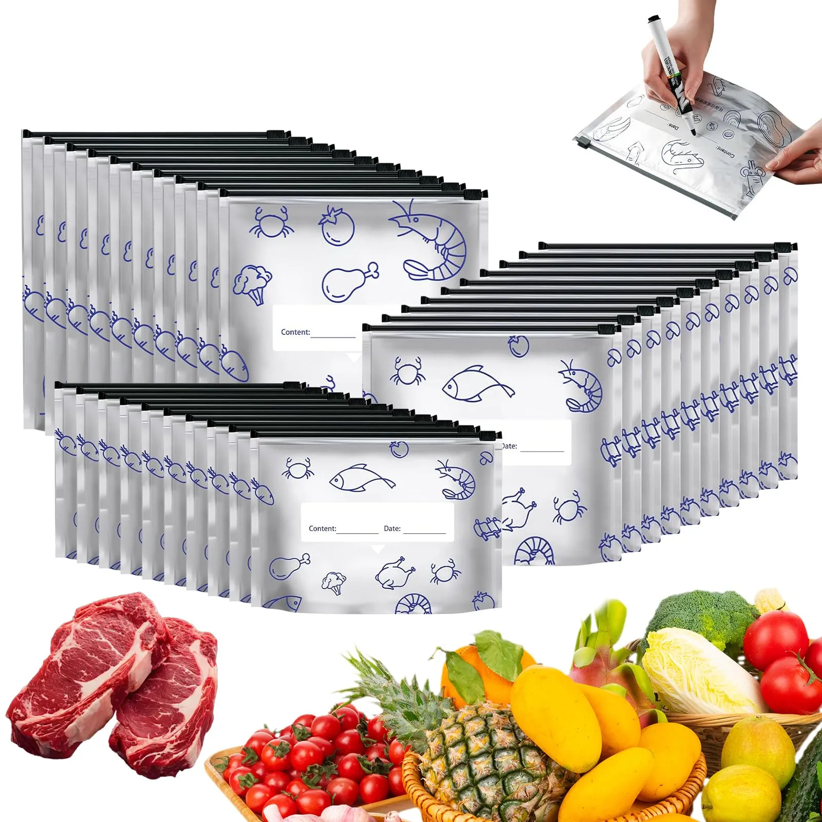 Thirty reusable foil food storage bags in three sizes
