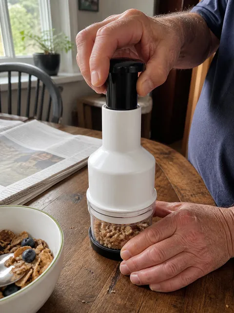 Older home cook chopping walnuts at a breakfast table