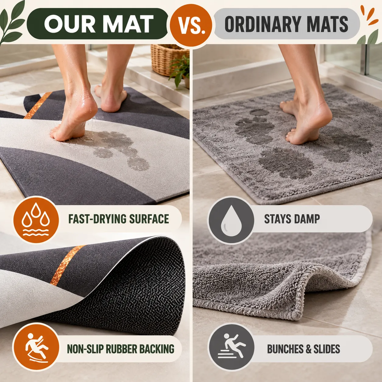 Our fast-drying non-slip mat compared with an ordinary fabric mat