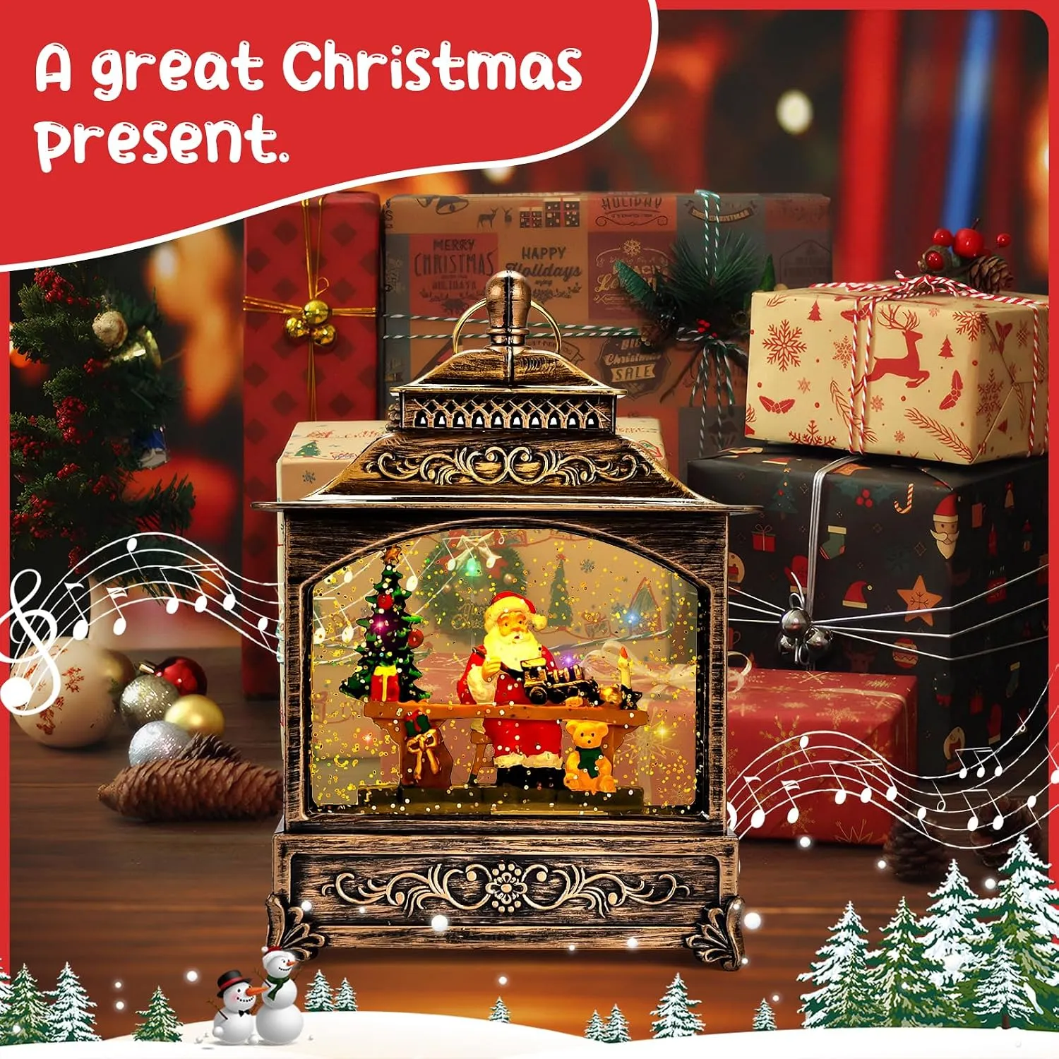 Christmas musical lantern displayed with wrapped holiday gifts