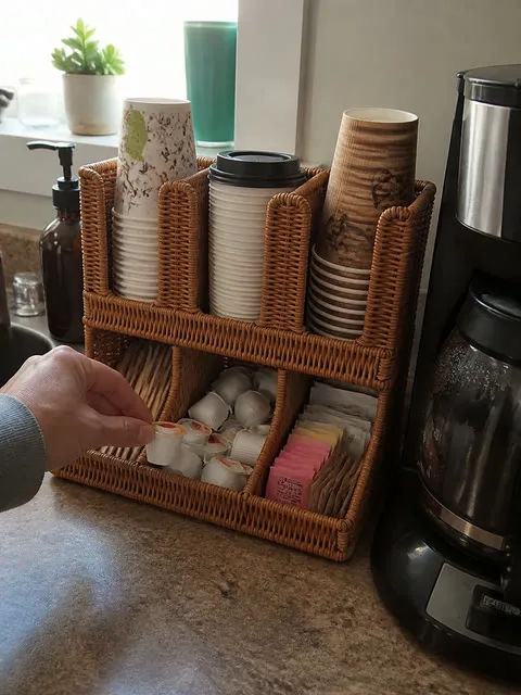 Cup and condiment organizer beside a drip coffee maker in a small kitchen