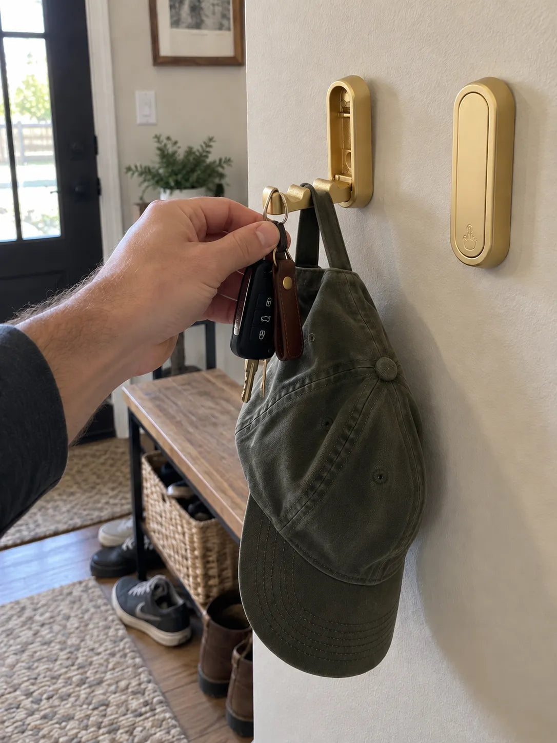 Gold folding hook holding keys and a cap in an entryway