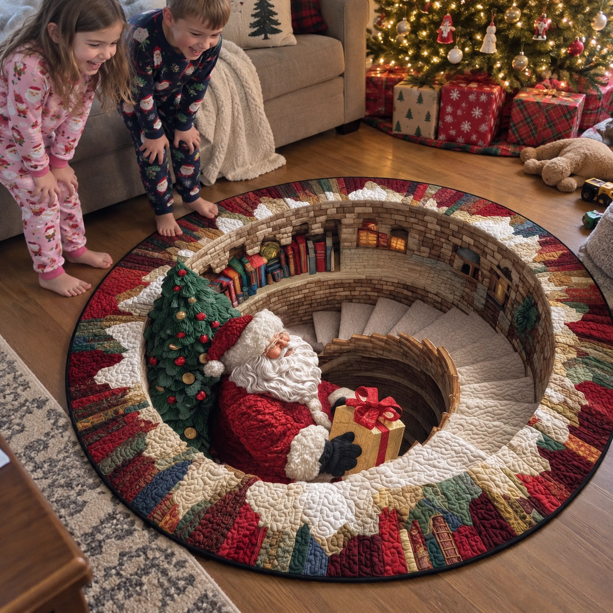 Runder Teppich mit 3D-Weihnachtsmann-Wendeltreppe – optische Weihnachtsillusion – Produktabbildung