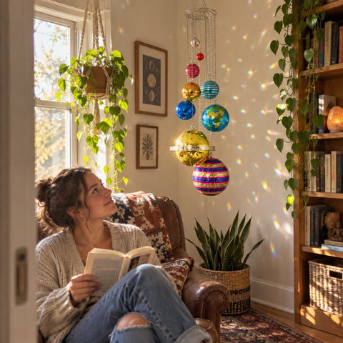 Hanging planet decor above a cozy reading nook