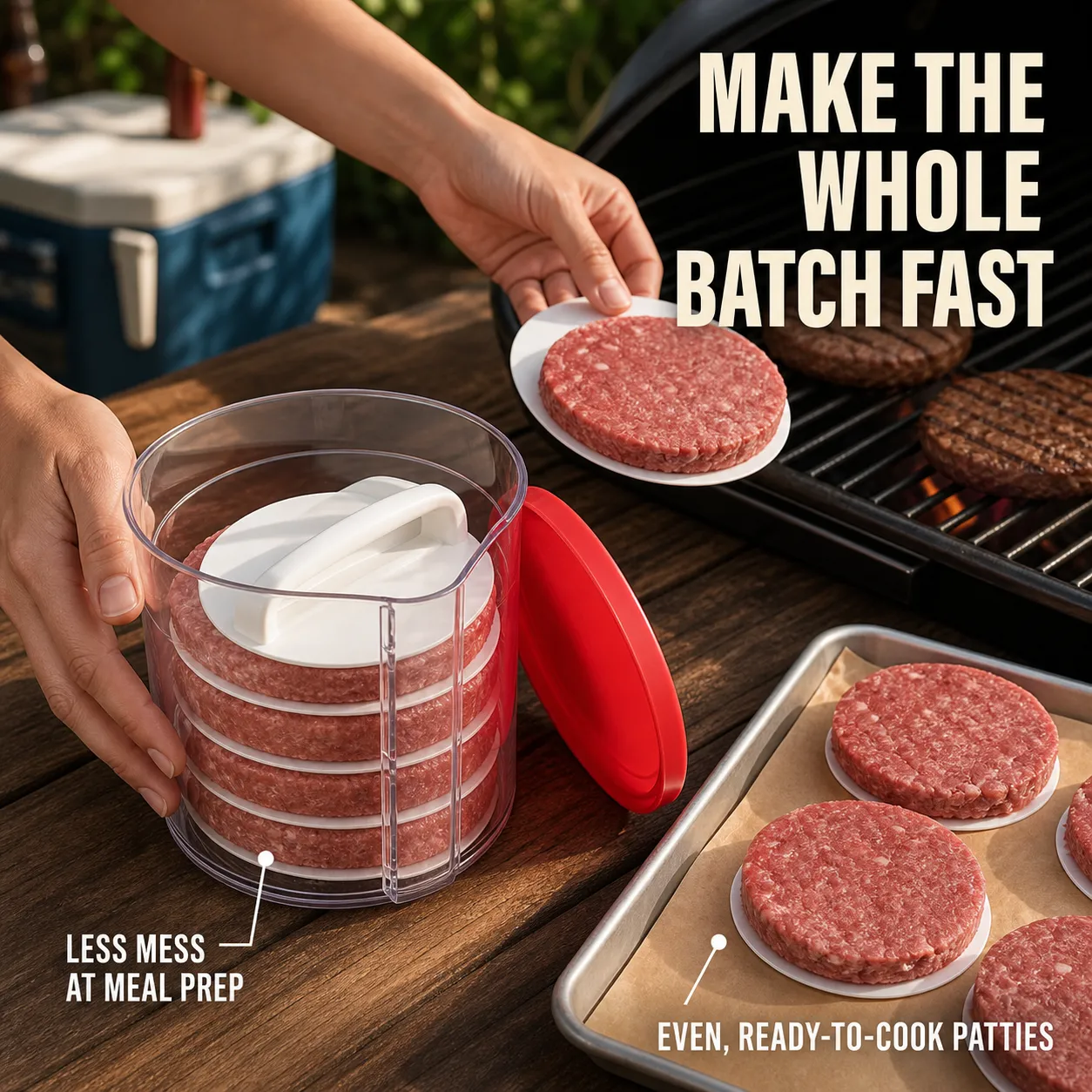 Cookout prep with a clear patty press caddy and evenly formed patties ready for the grill
