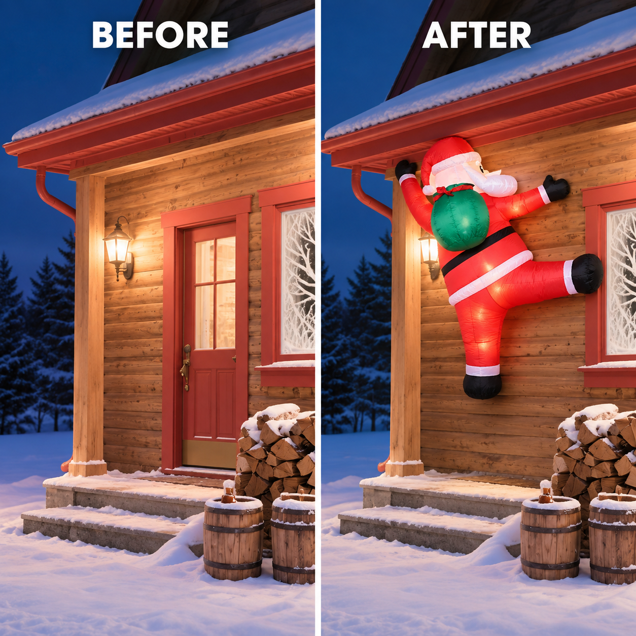 Same porch before and after adding the wall-climbing Santa inflatable