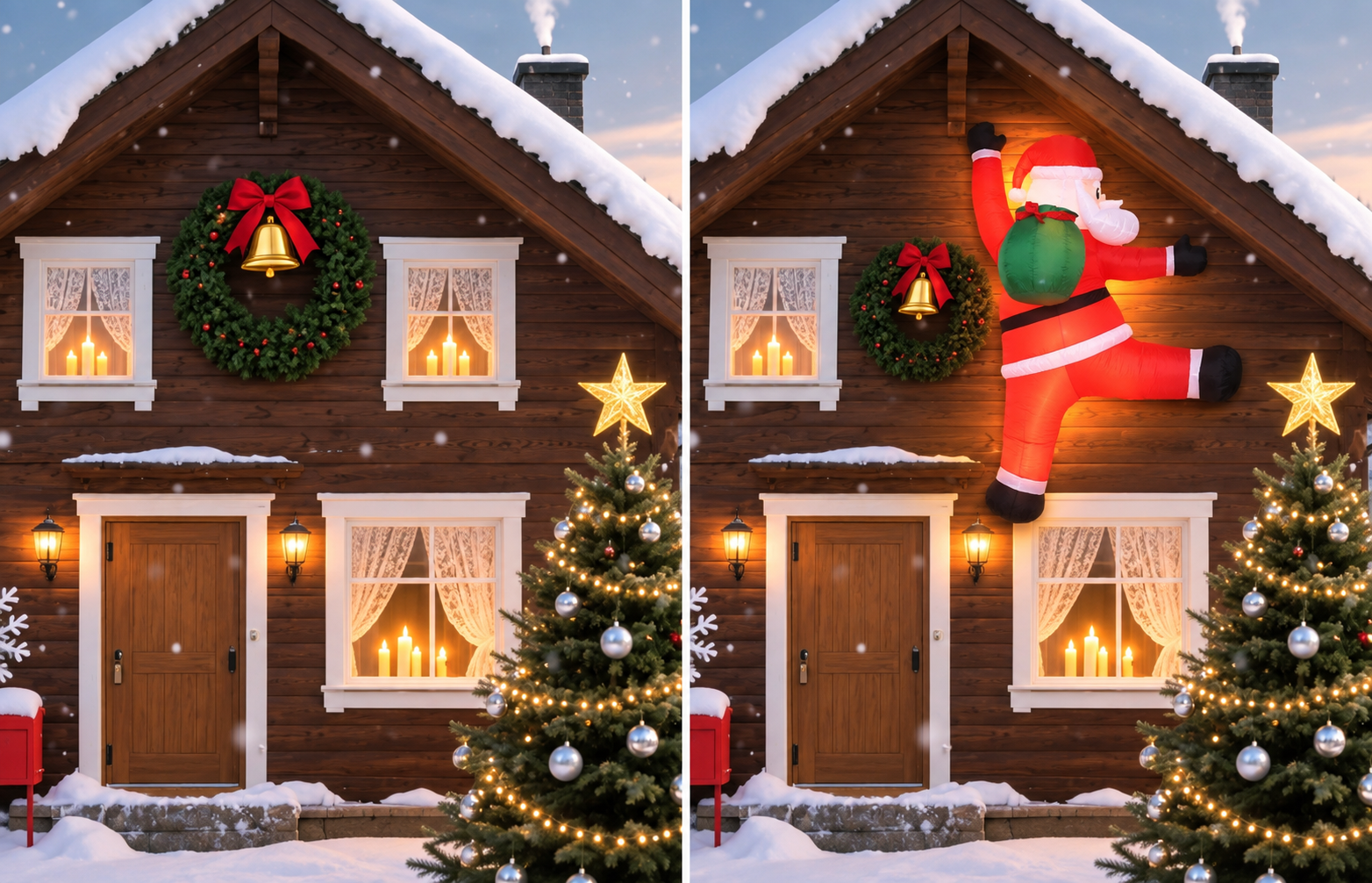 The same Christmas house wall before and after adding the illuminated climbing Santa