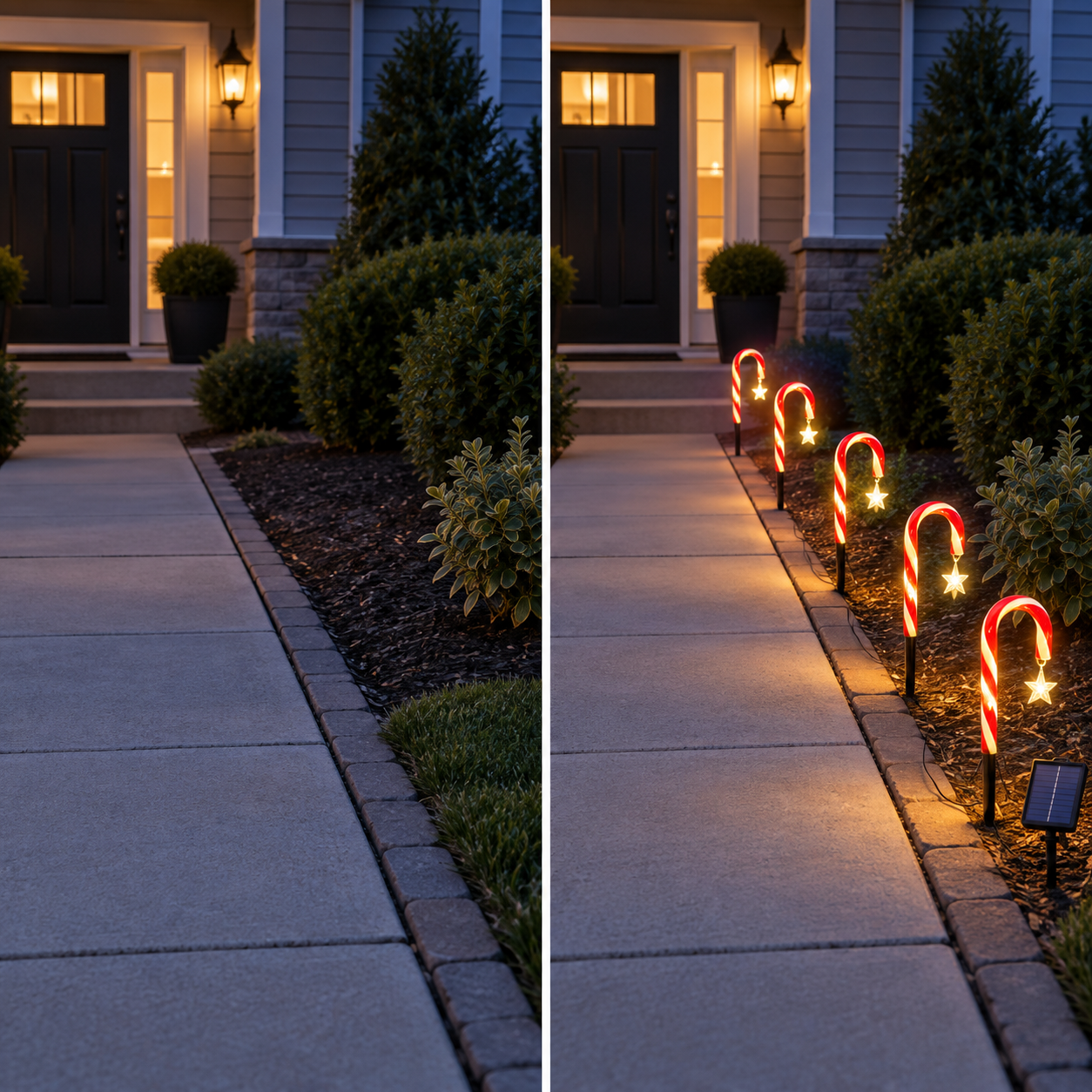 The same walkway before and after adding the five solar pathway lights