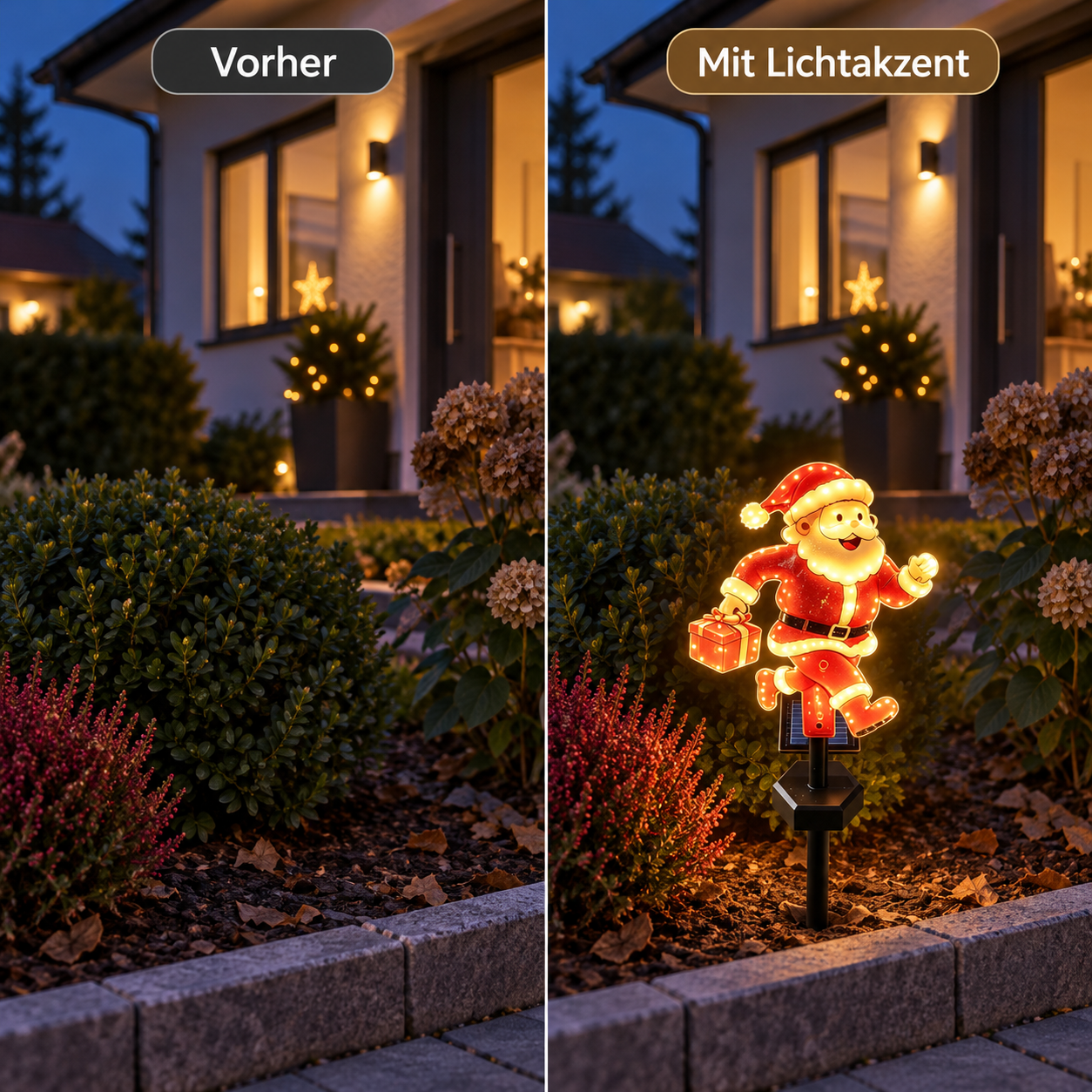 Derselbe Vorgarten vor und nach dem Setzen eines leuchtenden Weihnachts-Gartensteckers