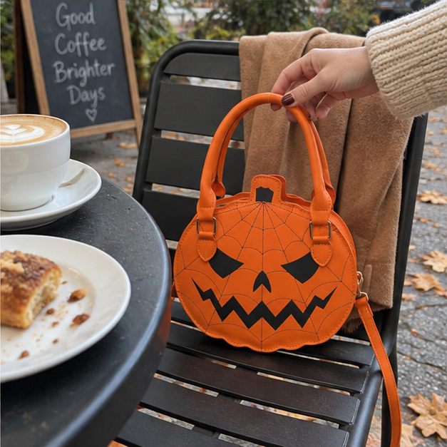 Orange pumpkin handbag on a café chair during a fall outing