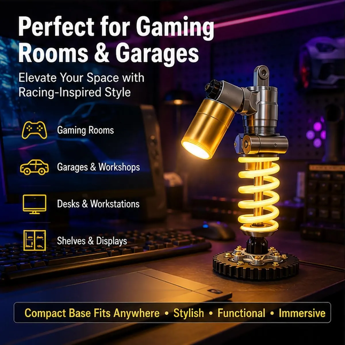 Shock absorber desk lamp in a gaming room and garage-style setup