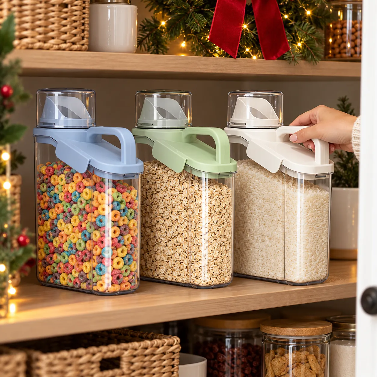 White, light green and sky blue dispensers organized on a holiday pantry shelf