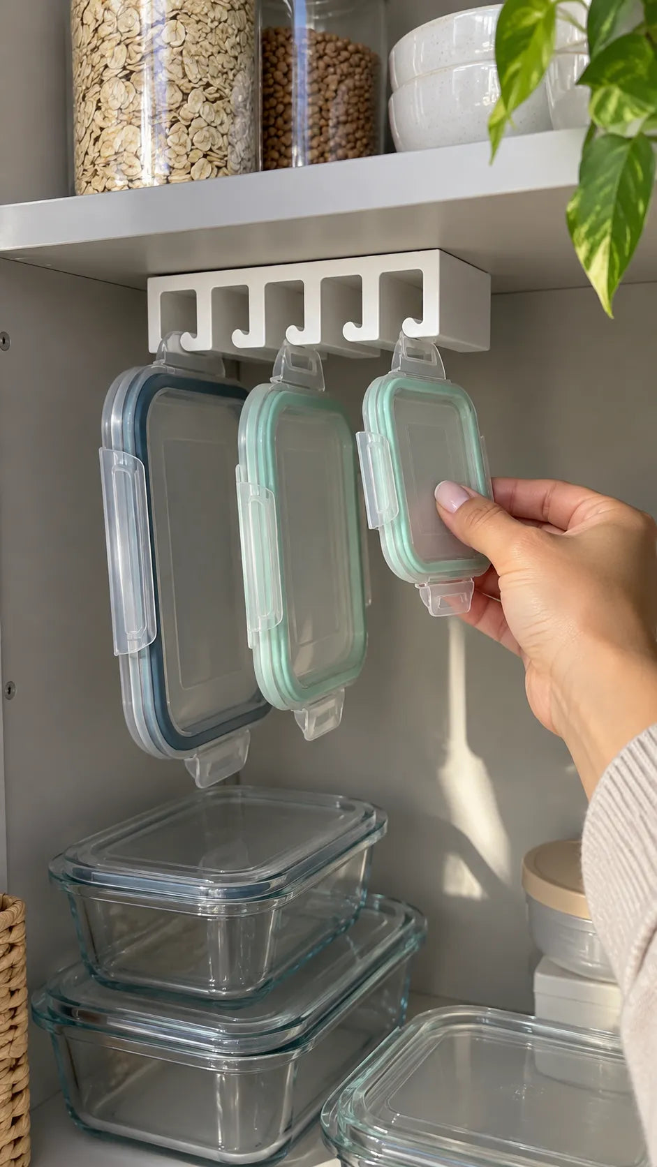 White lid organizer in a bright pantry cabinet