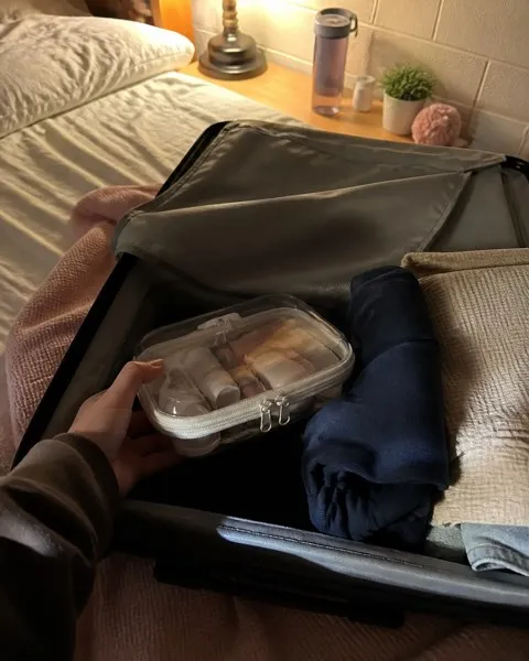 Small clear organizer packed with toiletries in a dorm-room suitcase