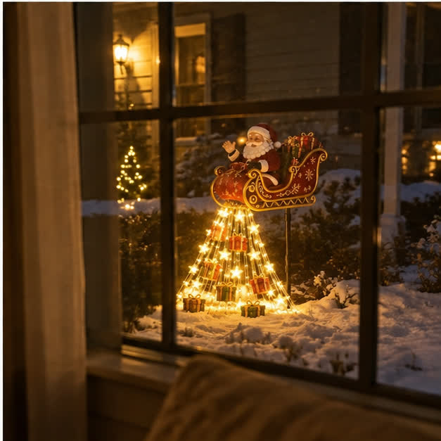 Casual phone view through a window toward the glowing Solar Santa sleigh decoration