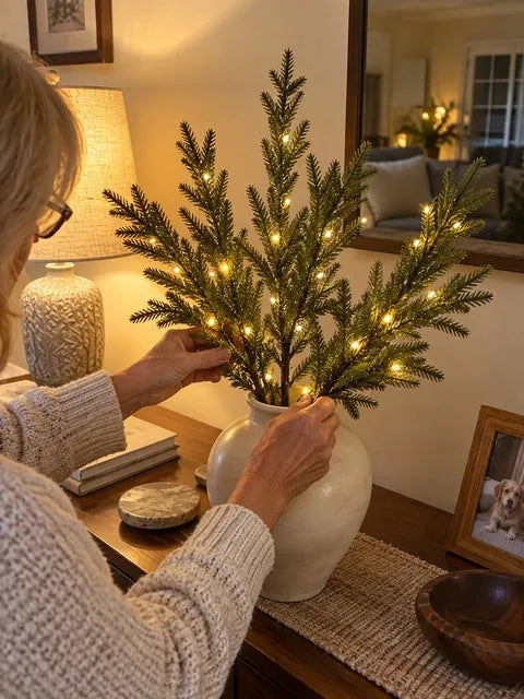 A cozy glowing pine-stem vase arrangement on a living-room sideboard
