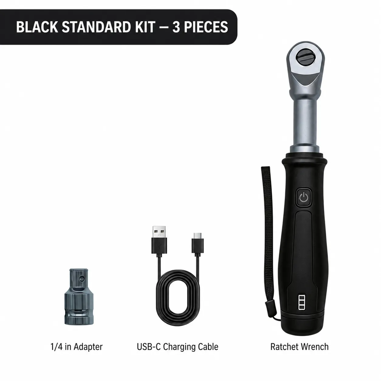 Black standard kit with ratchet wrench, adapter, and USB charging cable