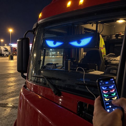 Blue LED eye display installed inside a truck windshield at a nighttime rest stop