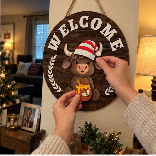 Hands swapping Christmas pieces on a Rustic Brown welcome sign