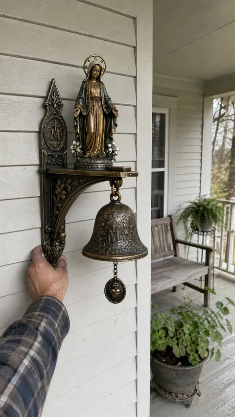 Our Lady wall bell mounted in a covered porch alcove beside a bench and plants