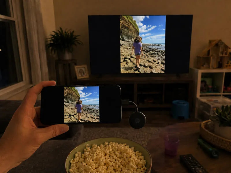 Phone sharing a family photo to a living-room TV