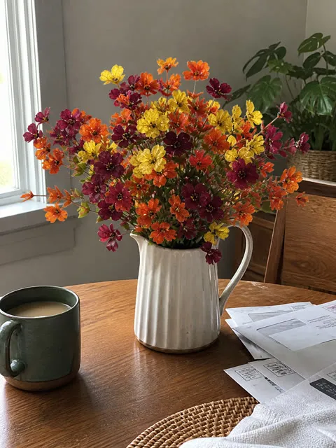 Mixed artificial fall flowers in a ceramic pitcher on a dining table
