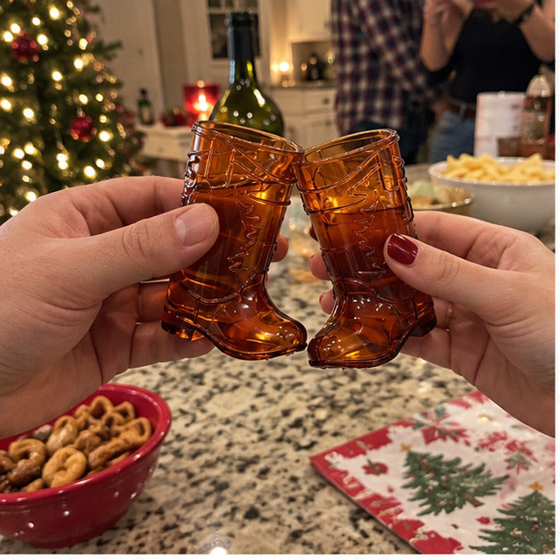 Friends raising amber boot cups at a Christmas gathering