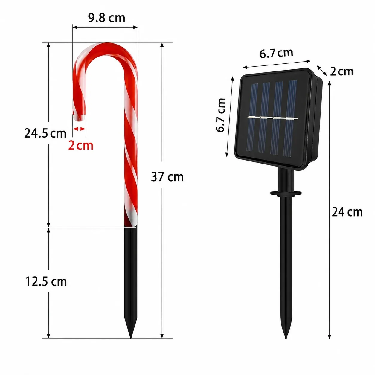 Candy cane light and solar panel dimensions